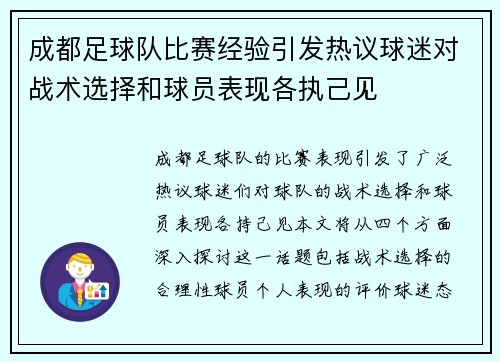成都足球队比赛经验引发热议球迷对战术选择和球员表现各执己见